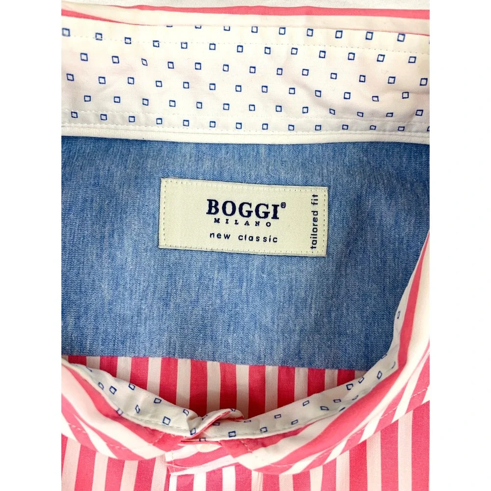 Boggi Milano Mens Pink White Striped Spread Collar Button Down New Classic Shirt